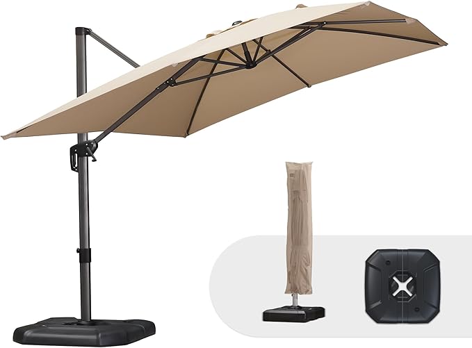 PURPLE LEAF 9'×11.5' Cantilever Patio Umbrella with Base Rectangle Offset Outdoor Umbrella Cover with Zipper for Garden Deck Pool Beige