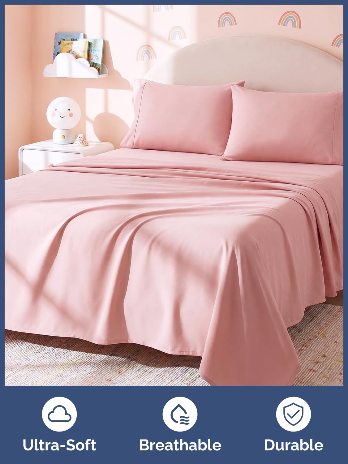 Kids Full Size Bed Sheet Set - 4 Piece Kids Loft Bed Sheets - Solid Pink Themed Bedding - Soft, Cute and Cozy - Breathable and Machine Washable - Bedding for Boys, Girls, Teens & Toddlers - Oeko-Tex