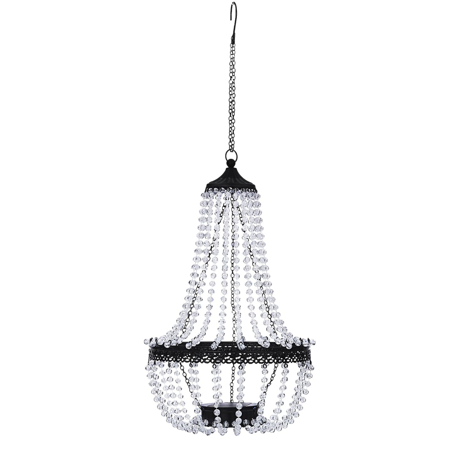Hanging Solar Lantern Outdoor, 28” Modern Clear Crystal Acrylic Chandelier with 30 Cool White Lights S Hook for Garden, Yard, Patio, Gazebo Decorations