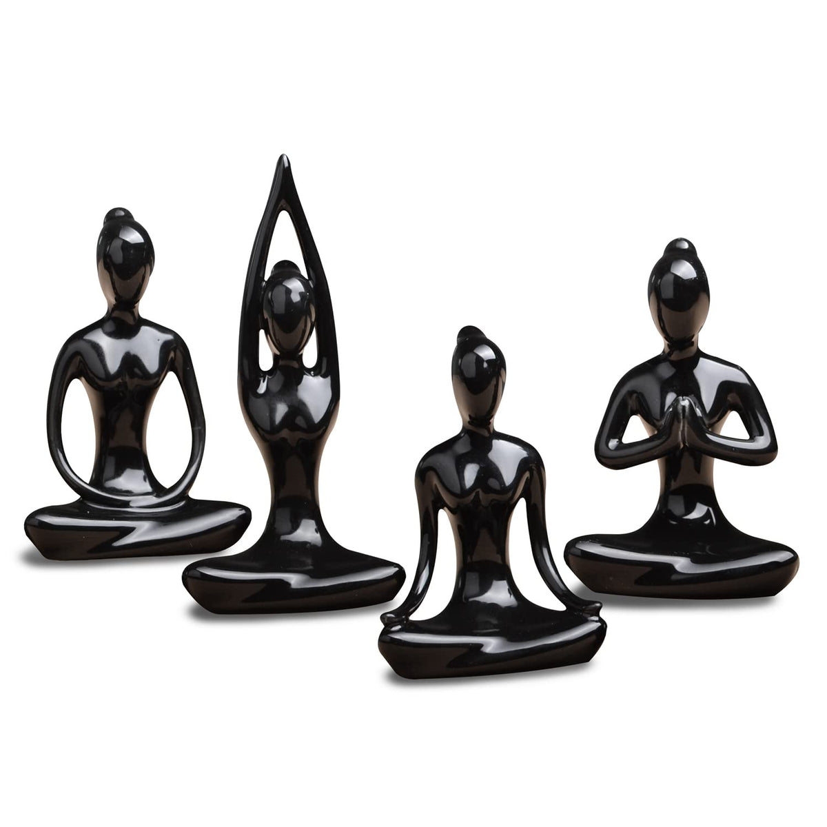 OwMell Lot of 4 Meditation Yoga Pose Statue Figurine Ceramic Yoga Figure Set Decor - Black