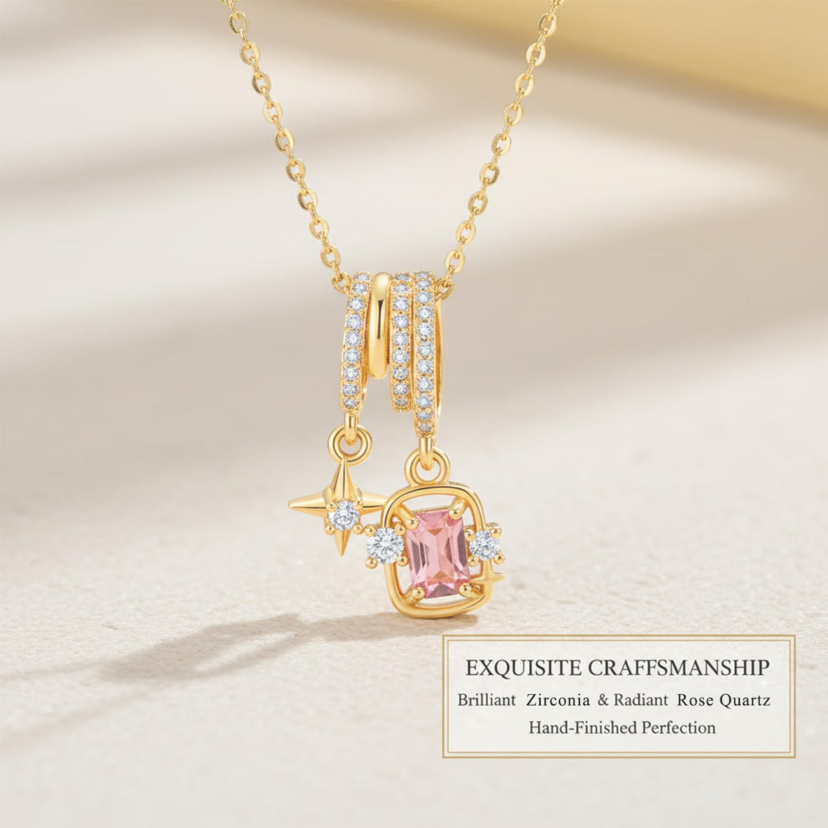 crataly Star And Rose Quartz Necklace For Women-Gold Plated Multi-Pendant October Birthstone Necklace For Valentines Day Mother's Day Christmas Birthday Gifts
