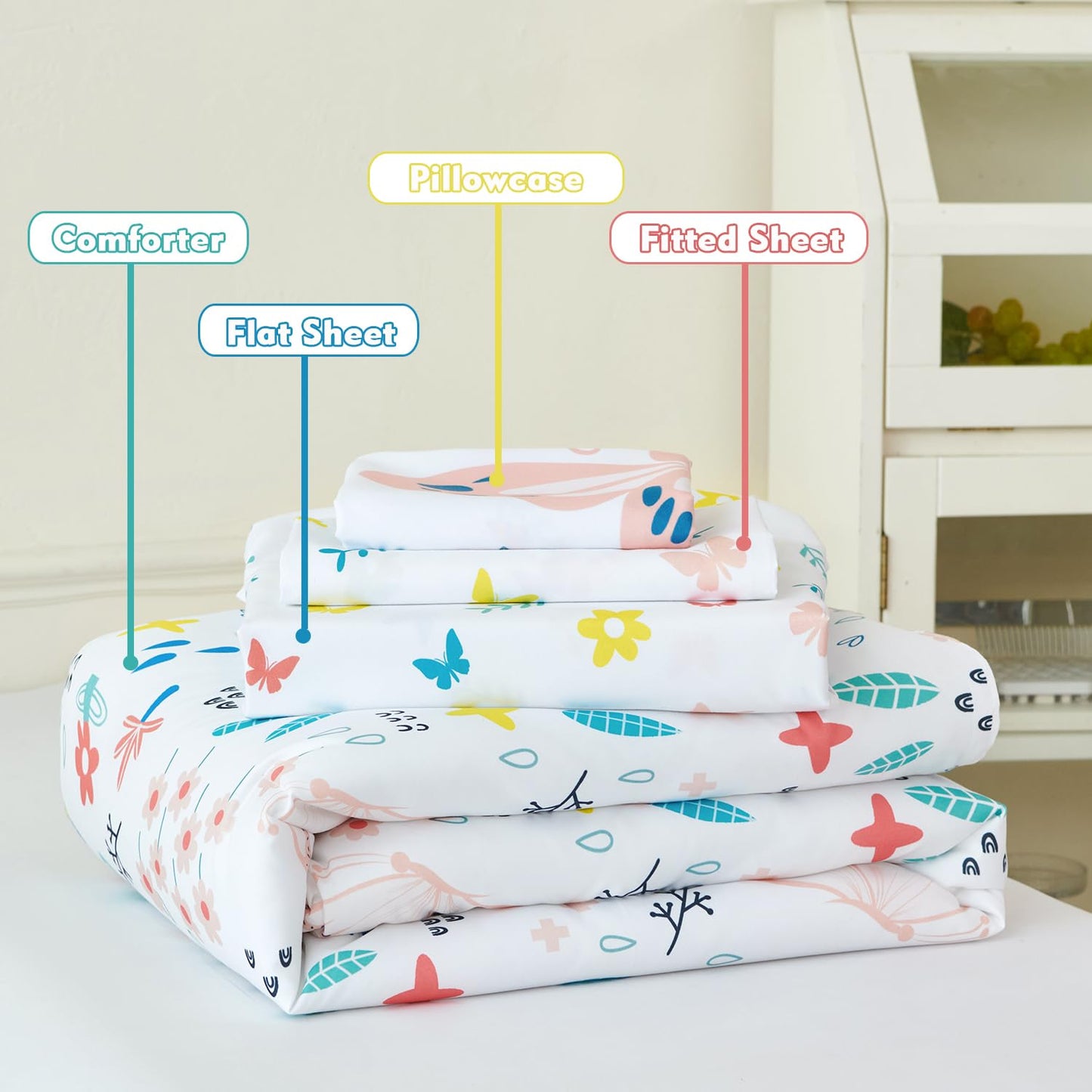 PERFEMET Girls Toddler Bedding Colorful Flower Blossom Comforter Set Butterfly Print Toddler Bedding Sets Ultra Soft Lightweight Bed-in-A-Bag for Toddlers(4 Pieces, White)
