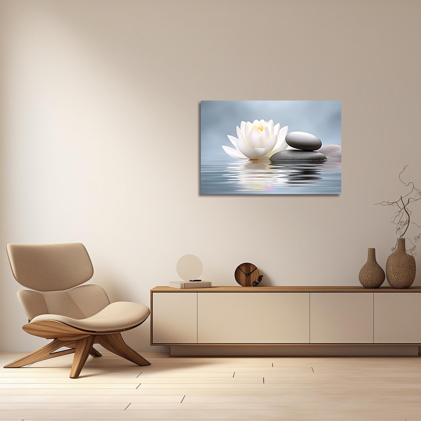 LZIMU Zen Wall Art Lotus Flowers Stones on Water Pictures Water Lily Canvas Prints Bathroom Decor Spa Artwork for Yoga Studio Meditation Spiritual Room Framed (Zen-1, 16.00"x24.00")