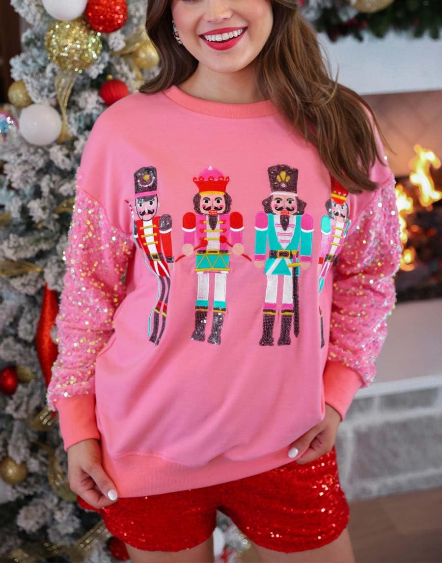 Yiulangde Ugly Christmas Sweater Nutcracker Ballet Sparkly Sequin Long Sleeve Shirt Cute Santa Sweatshirt Pullover Sweaters for Women