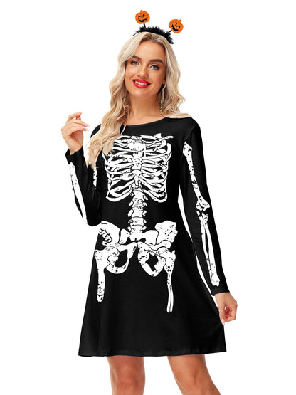 Skeleton Dresses for Women Flare Holiday A-Line Long Sleeve Halloween Costume Dress XL
