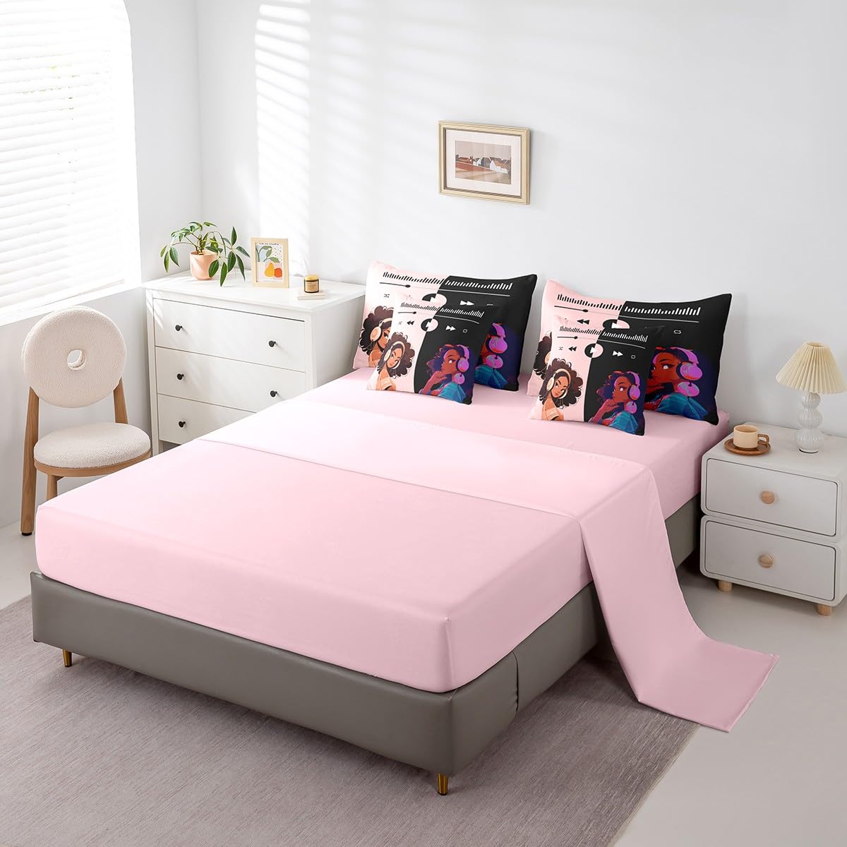Castle Fairy Black Girls 7Pcs Comforter Set Full Size,Africa Woman American Bedding Sets for Kids Girls Boys,Music Bed in a Bag Pink and Black Fitted Sheet Flat Sheet,2 Throw Pillow 2 Pillowcases