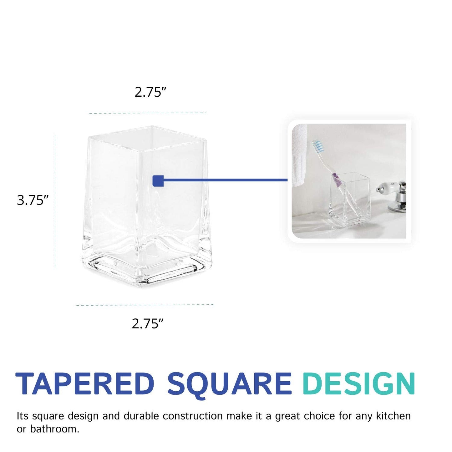 Huang Acrylic Clear Square Tapered Bathroom Toothbrush Holder/Tumbler | Easy to Clean Durable Acrylic | Single Piece Set