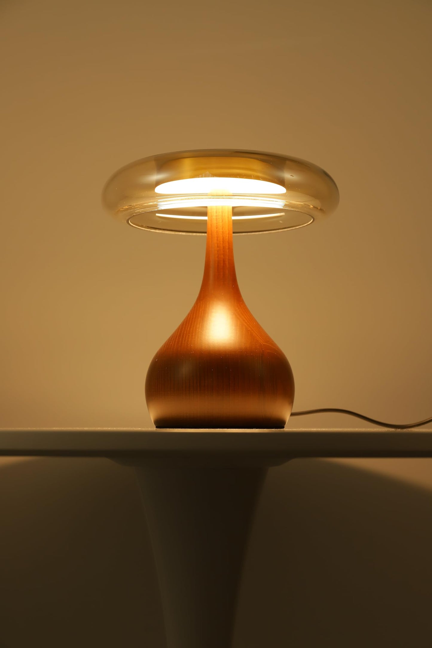 WTHTNROM Small Table Lamp for Bedroom-Wooden Base Teardrop Mushroom Table Lamps,Amber Glass Shade,LED Three Color Temperature Adjustable Brightness Modern LED Side Table and Desk Lighting(H 9.7 in)