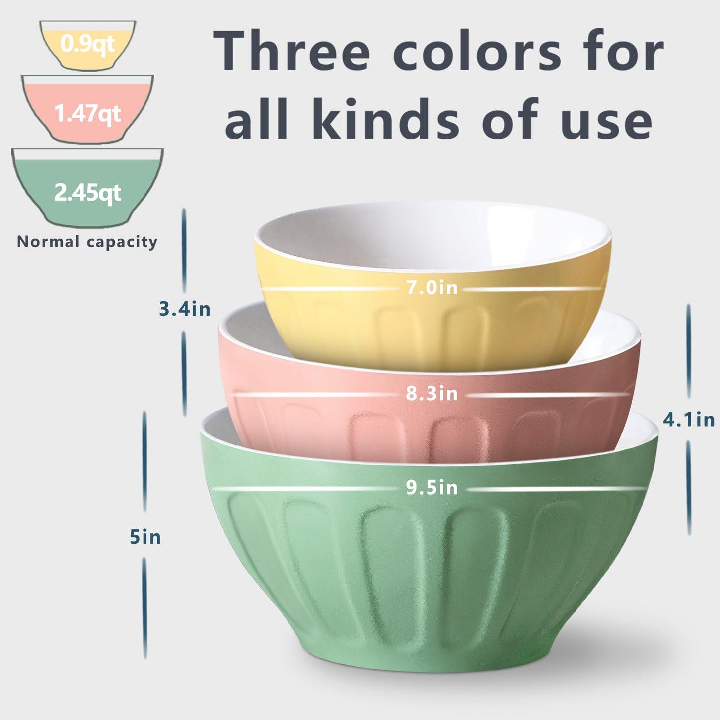 Lareina Ceramic Mixing Bowls Set of 3, Large Nesting Bowls for Serving/Baking/Prepping, Housewarming & Wedding Gift, Oven, Microwave and Dishwasher Safe 3.2/1.7/1.2 Qt, Pastel Color