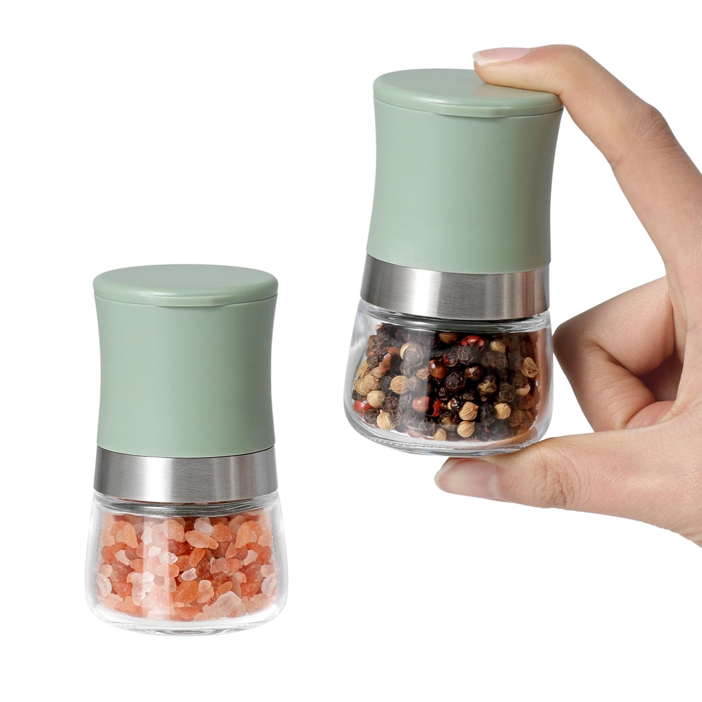 vzaahu Small Salt and Pepper Grinder Set,Green Mini Portable Refillable Spice Mills for Home, Travel, RV & Outdoor Dining,Adjustable Grinding Coarseness