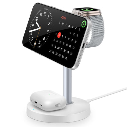 3 in 1 Magnetic Wireless Charging Station, 15W Fast Charger Stand for iPhone, Phone Charger Stand for Desk Nightstand, Compatible with iPhone 17/16/15/14, Apple Watch & AirPods, Adapter Not Included