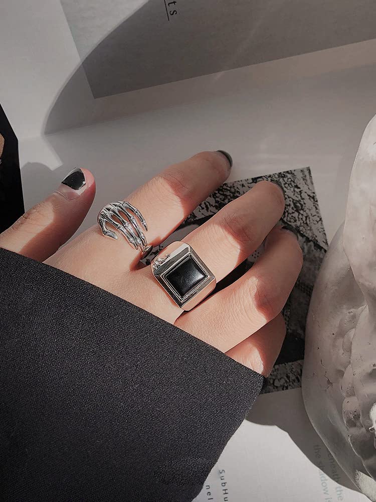 Vintage Skull Hand S925 Sterling Silver Open Band Ring for Women Girls Statement Adjustable Expandable Oxidized Gothic Skeleton Devil's Talons Finger Pinky Rings Comfort Fit Unisex Jewelry