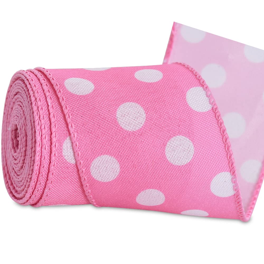 TONIFUL 2.5 Inch Wired Edge Ribbon, Baby Pink Polka Dots Burlap Ribbon, Summer Spring Wired Ribbon, for Gift Wrapping, Wreath Bows Making, Crafts Home Decoration, Easter Decor（Baby Pink，6yds）
