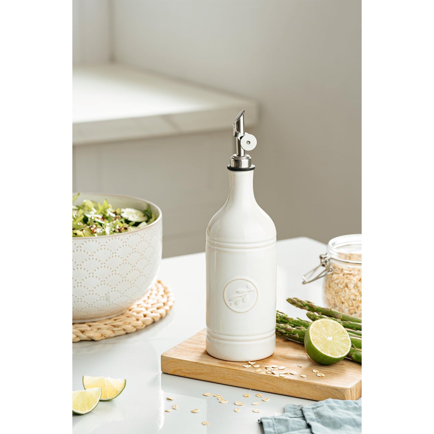 MIKIGEY Olive Oil Dispenser Bottle with Spout, 18 oz Ceramic Oil Dispensers for Kitchen, Opaque Cruet, EVOO & Vinegar Bottle with Automatic Stainless Steel Pourer, Pack of 1