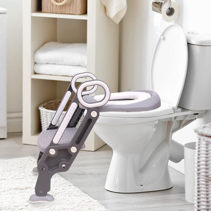 Straame Toddler Toilet Ladder Seat - Adjustable Potty-Training Seat, Soft Cushion Seat and Anti-Slip Steps Design - Easy to Install Portable Children Potty Training Chair (Grey-White)