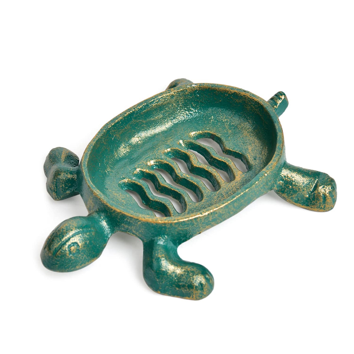 Sungmor Heavy Duty Cast Iron Drainable Soap Holder - Lovely Tortoise Shaped & Antique Green & Gold Finish - Kitchen Bathroom Sink Soap Dish Tray - Practical & Decorative Tabletop Soap Box Container