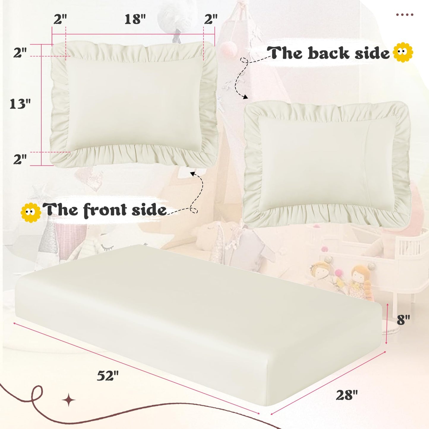 KKJIAF 3 Piece Toddler Sheet Set Microfiber, Includes a Flat Sheet, a Fitted Sheet and a Ruffle Pillowcase, Beige