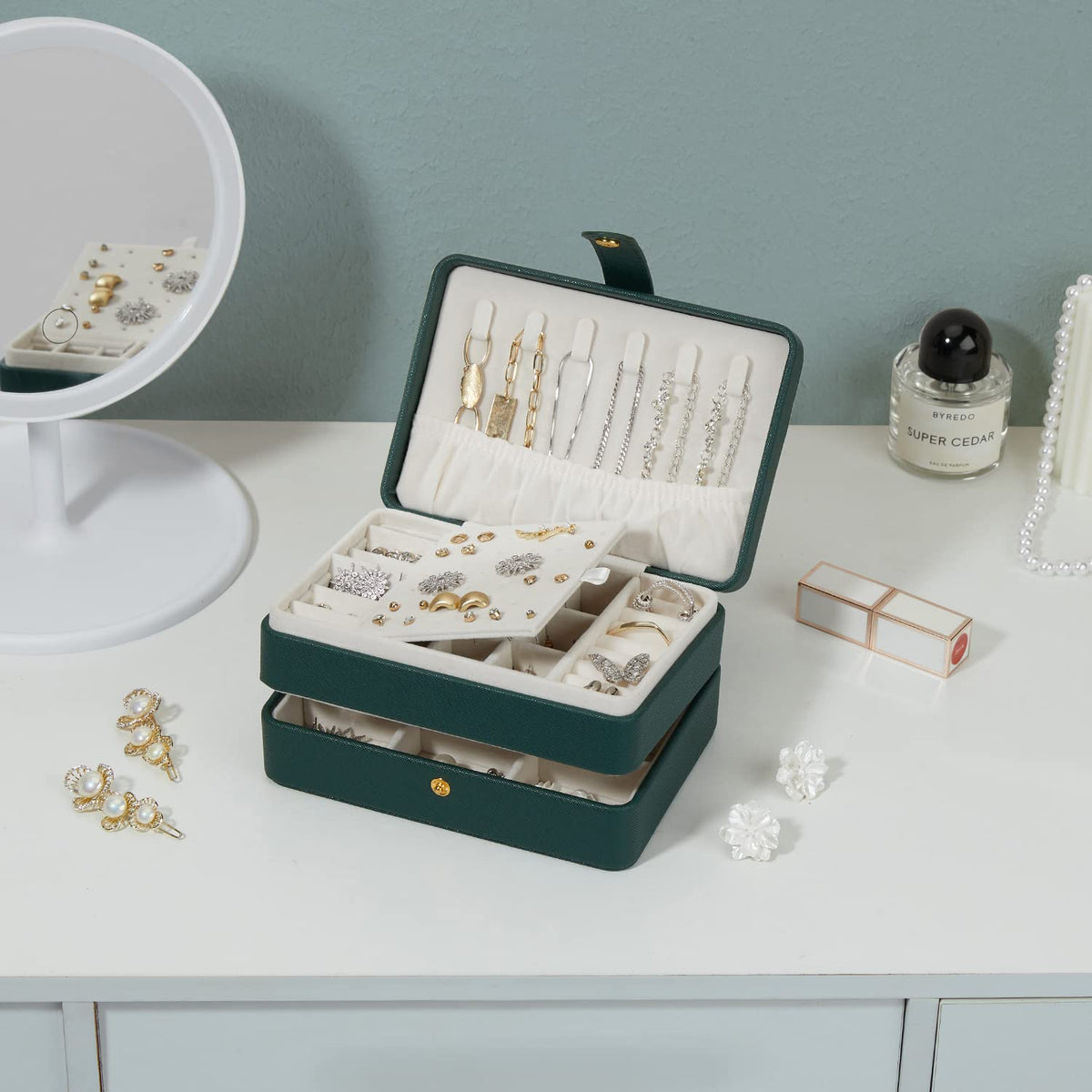 BUTI4WLD Jewelry Box for Women and Girls, PU Leather Made Jewelry Organizer, 3 Layers Jewelry Storage for Rings, Earings, Necklaces, Bracelets, Valentines Day Gifts (Green+Small)