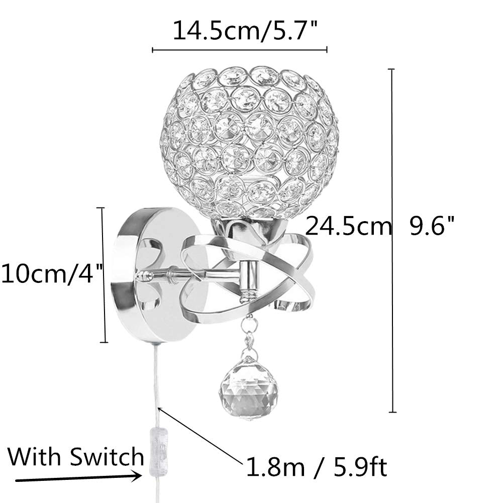 WeFoonLo Round Modern Crystal Wall Light Chrome Finish Bedroom Wall Sconce Lighting Fixture with Plug and Cord Switch, E26 Socket