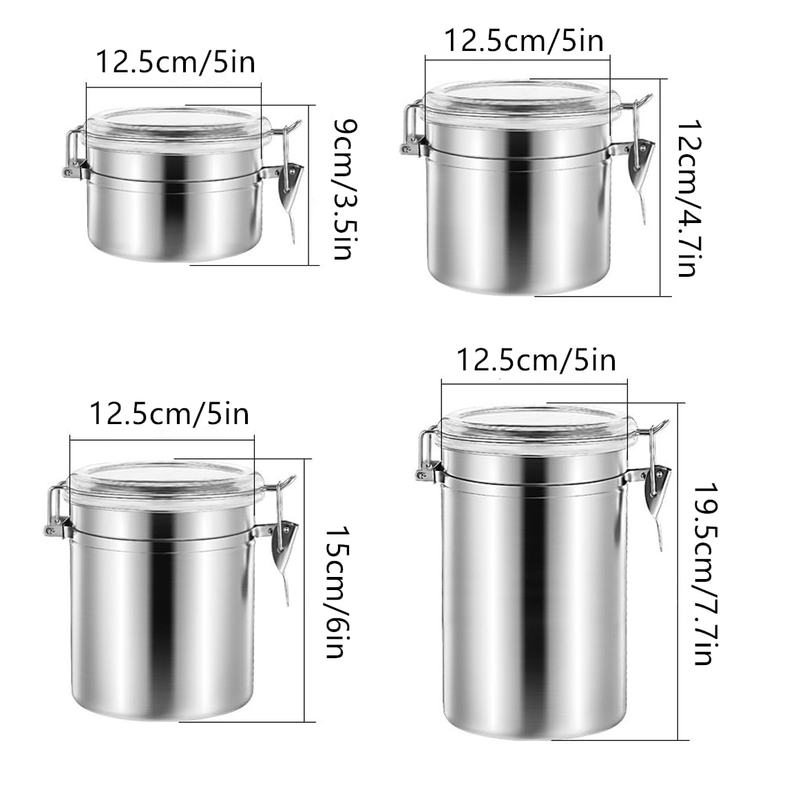4-Piece Stainless Steel Airtight Canister Set with Clear Lids, 28/32/38/65 oz Food Storage Containers with Clamp Locks for Coffee, Tea, Sugar, Flour, Candy, Cookie, Kitchen Organization (Silver)