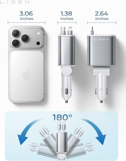 LISEN Retractable Car Charger for iPhone 17 Pro Max, Retractable Car Charger, Cute Girly Car Accessories for Women, Valentines Day Gifts for Men Women, fit iPhone 16 15 14 Samsung Galaxy