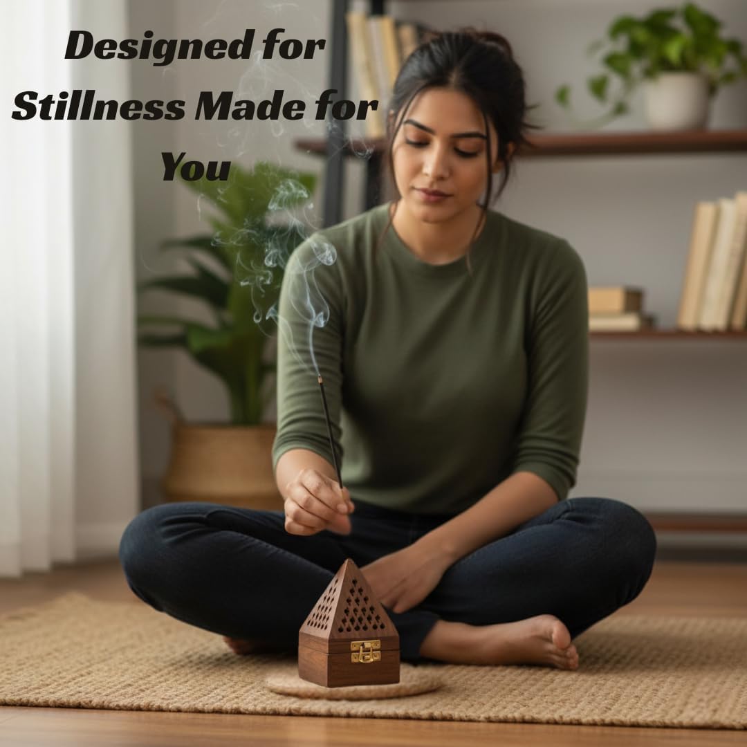 Luvikka's Handmade Wooden Pyramid Incense Holder, Natural Wood Ash Catcher with Brass Latch, 5 Inch Cone Burner for Aromatherapy Meditation Yoga