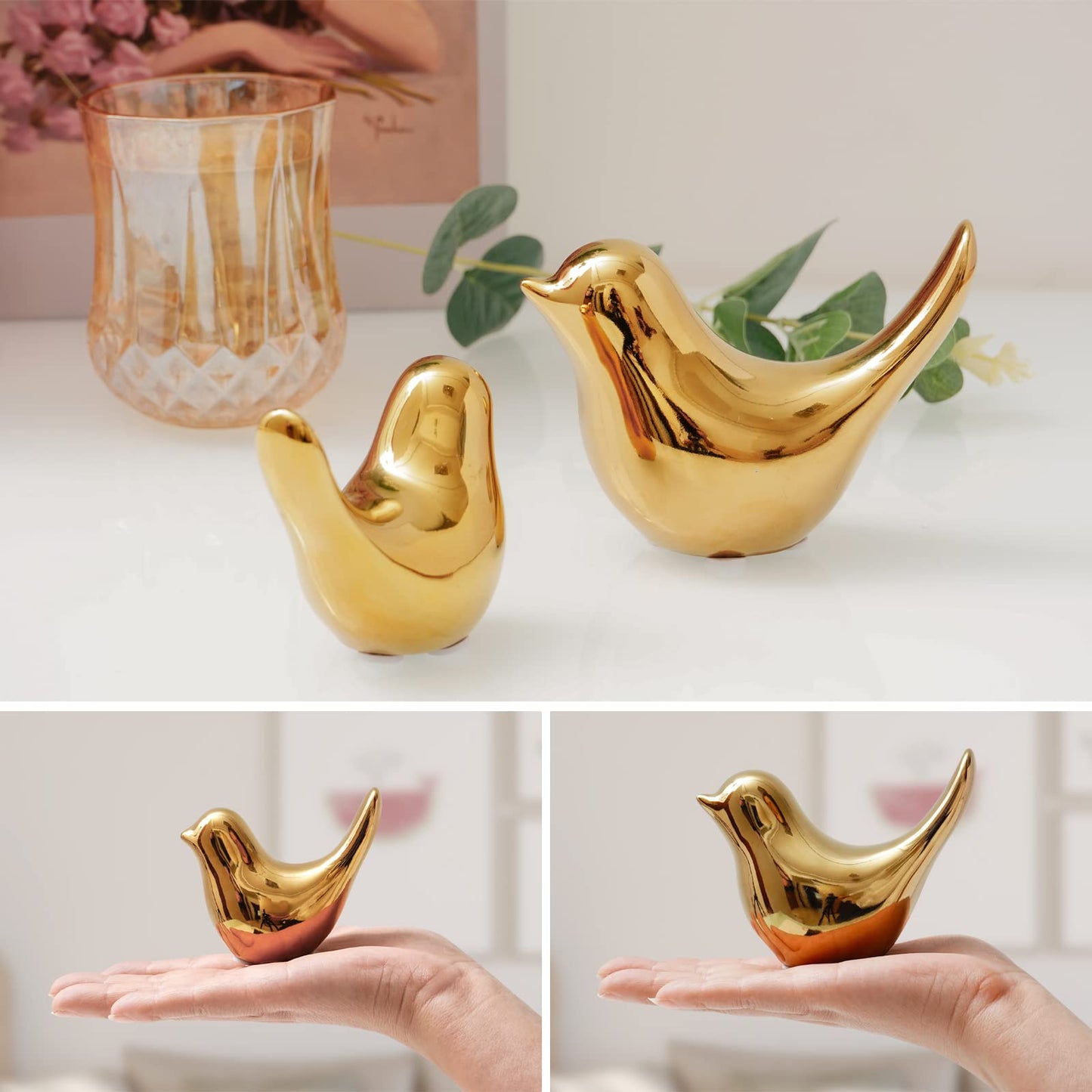Elegant Gold Small Bird Sculptures,Modern Abstract Art Pieces for Bookshelf Decor, Coffee Table Decor, and Luxury Home Decor Accents(2Pcs Gold Birds)
