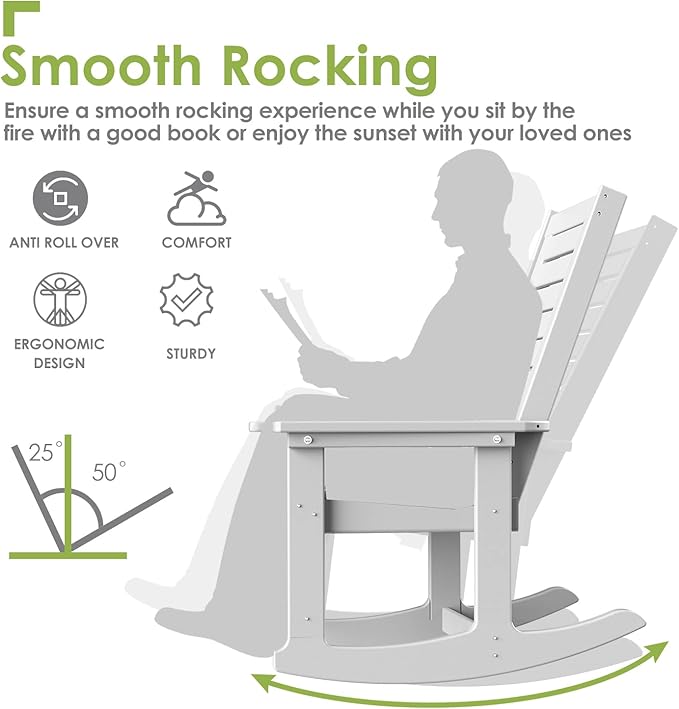 GREENVINES Outdoor Rocking Chairs | Set of 4 | Porch Rocker | HDPE Plastic | White | Oversized Rockers | High Back | Big & Tall | Ladder Back | for Patio Outside Backyard Balcony Garden