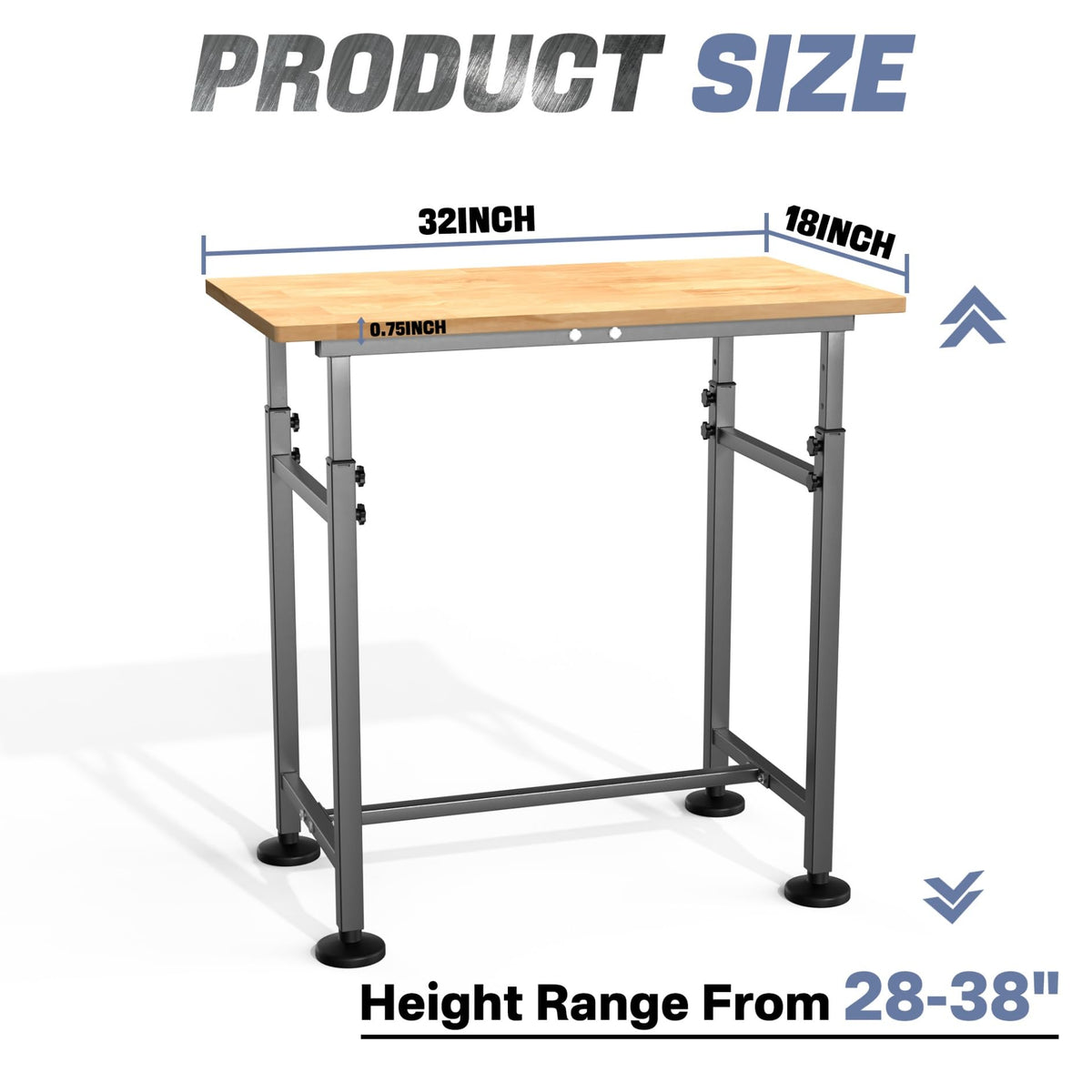 WALMANN Heavy Duty Adjustable Height Workbench 32" x 18", Rubber Wood Top Work Table for Garage, Workshop, 1500 lbs Load Capacity