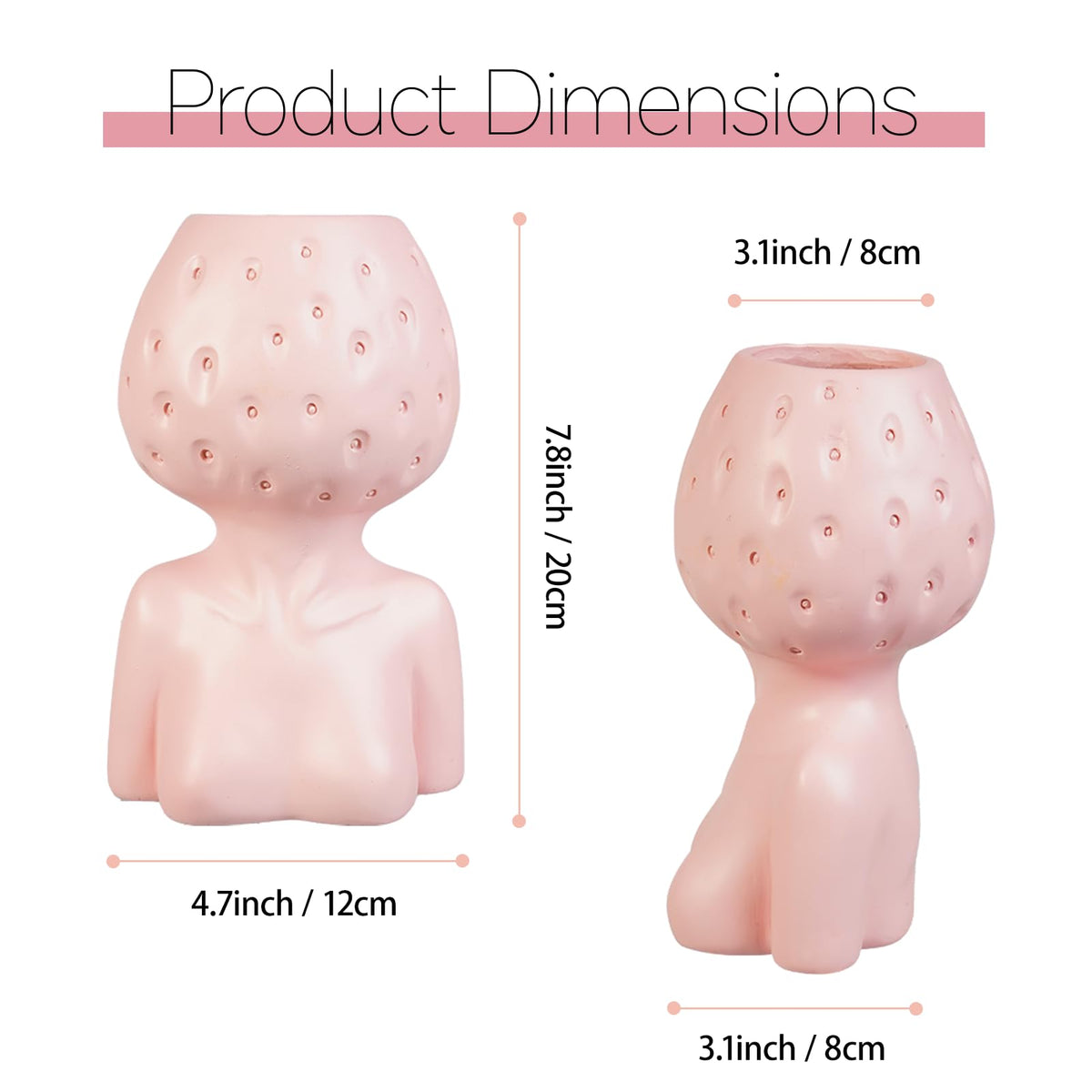 Female Body Vase, Strawberry Face Planter for Decor, Unique Cute Head Planter Pot Bust Planter with Drainage Hole, Resin Flower Pot for Indoor Outdoor Plants Succulents Aesthetic Home Decor Gift, Pink