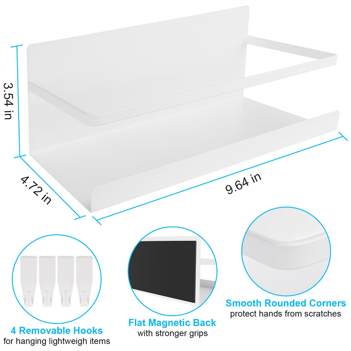 Magnetic Spice Rack for Refrigerator, 2 Pack Magnetic Shelf Fridge Organizer for Spice Jars, Magnet Shelves Seasoning Spice Holder with 4 Hooks for Kitchen White Board Pantry Organizers and Storage