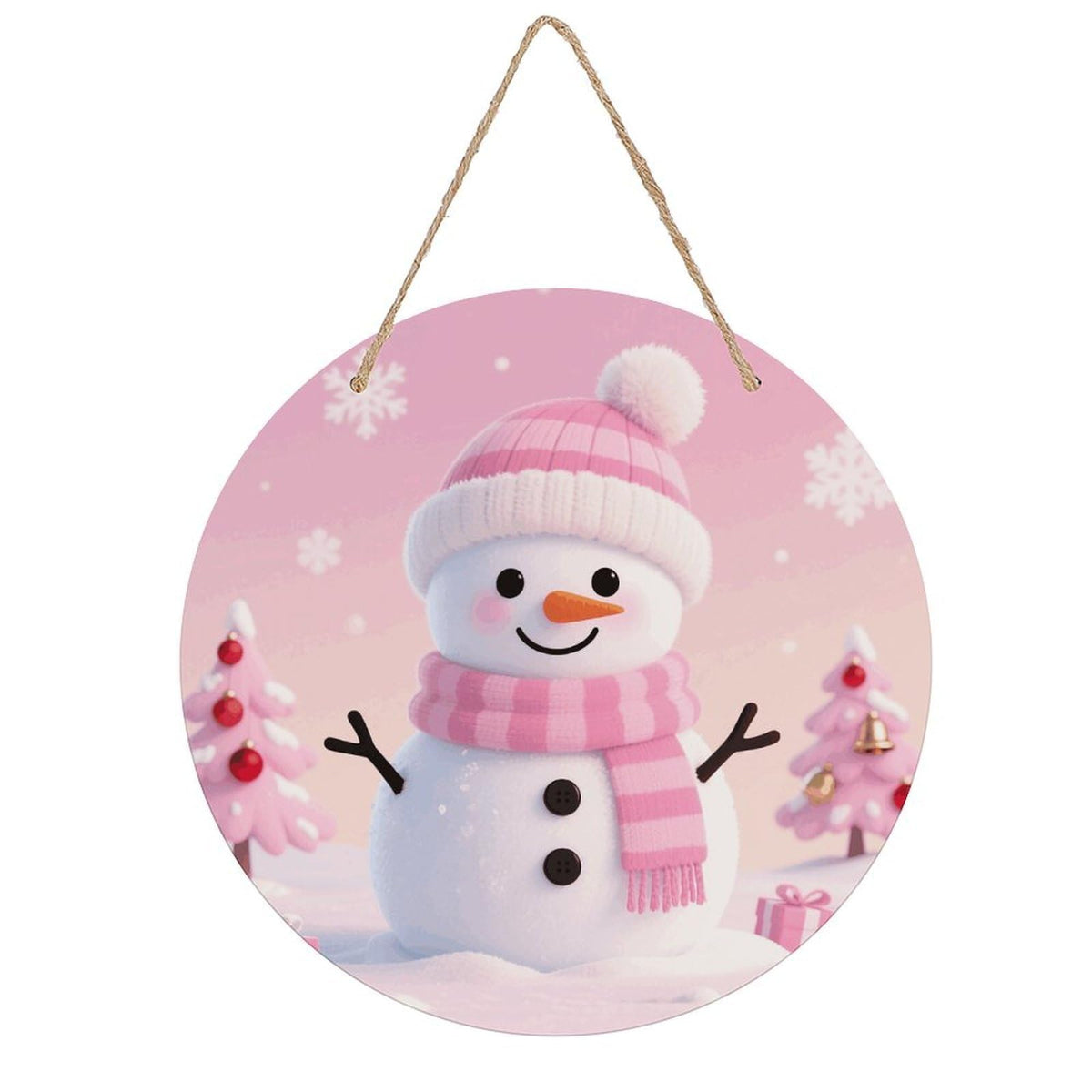 Pink Cute Snowman Welcome Sign for Front Door Wooden Wreaths