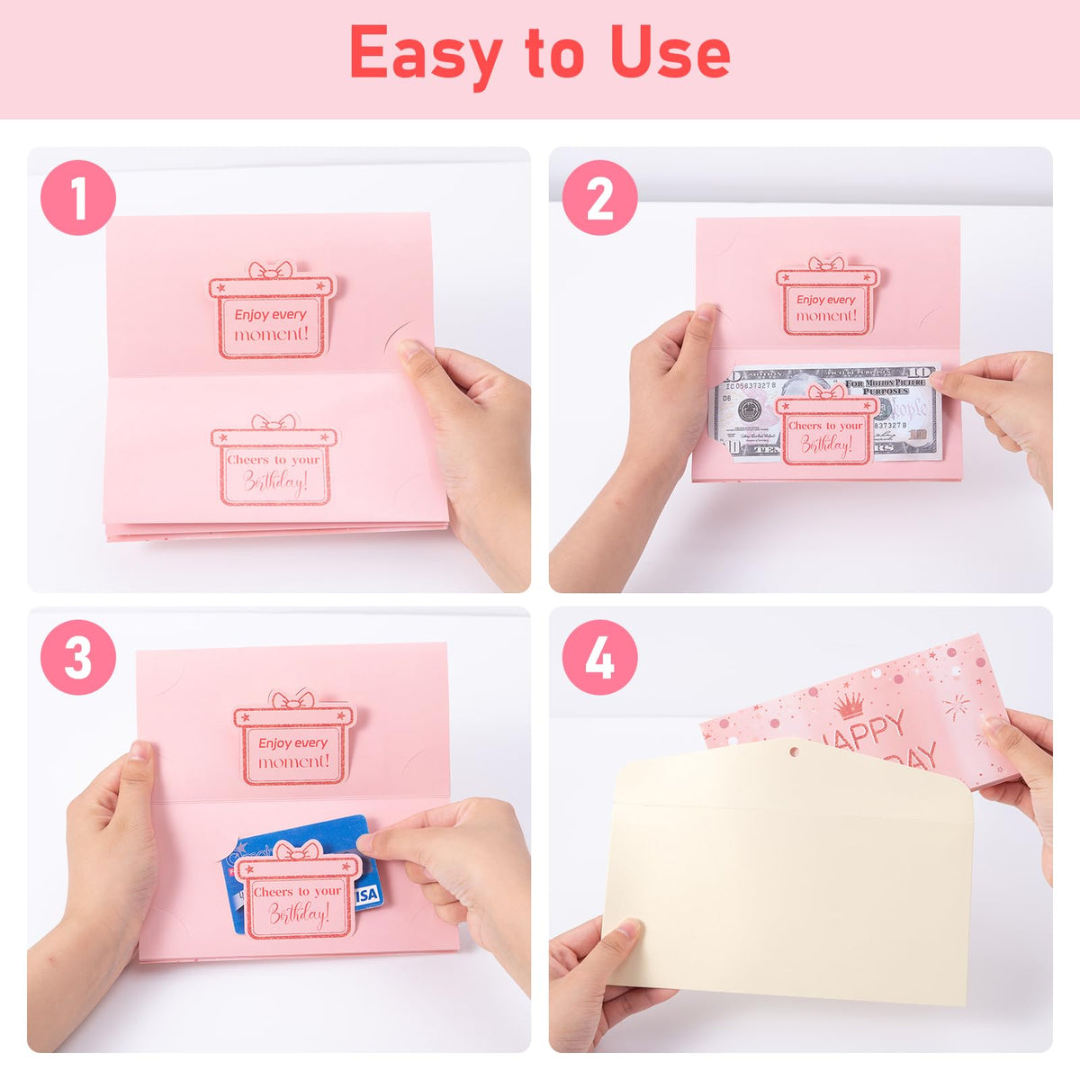 HOMANGA Birthday Money Envelope for Cash Gifts, Birthday Money Holder with 3D Cake, Birthdays Cash Gift for Men Women Girls Boys (Pink)