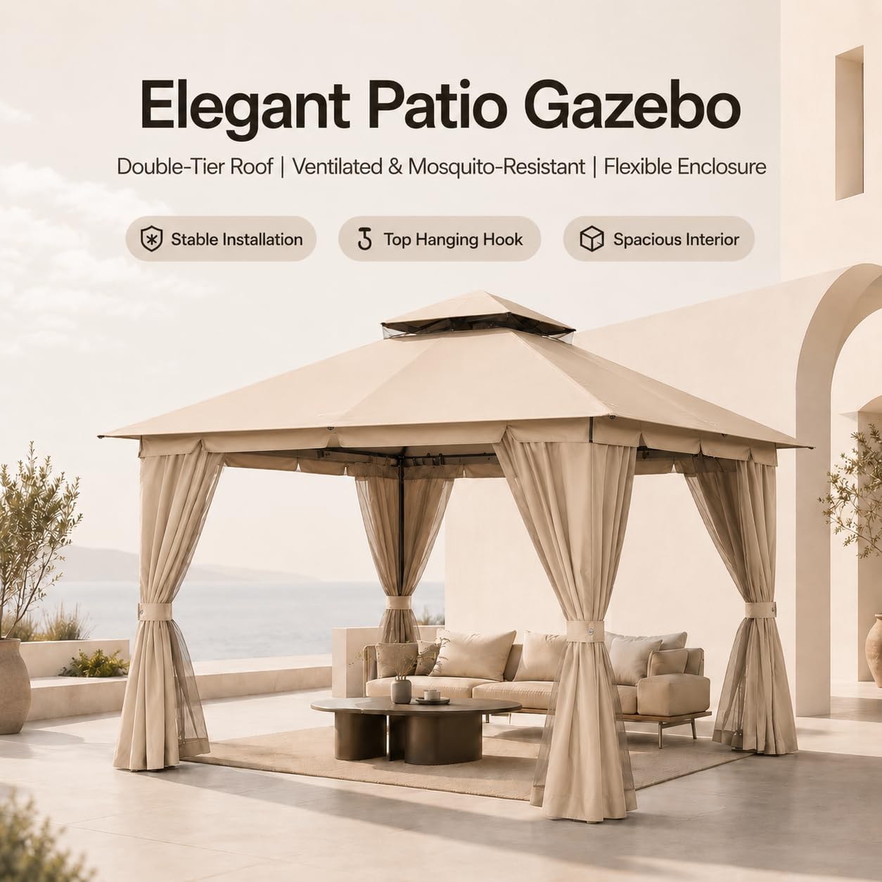 Kingdura 10'x10' Outdoor Gazebo, Heavy Duty Metal Patio Canopy Tent Shelter with Double Roof, Mosquito Netting & Privacy Curtains for Backyard, Garden, Deck, Lawn, Khaki