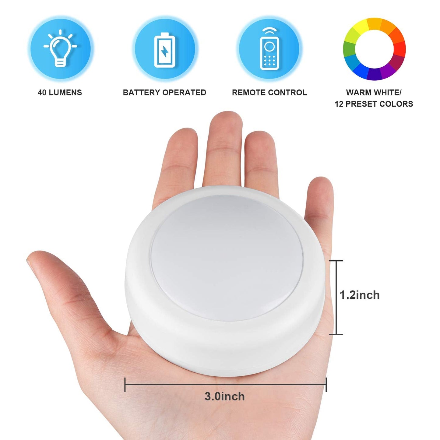 BLS LED Puck Lights with Remote Control, Wireless Under Cabinet & Closet Lighting, RGB 13 Color Changing Lights with Dimmer, Timer & AA Battery Operated, Push, Touch, Stick on for Night, White, 2 Pack
