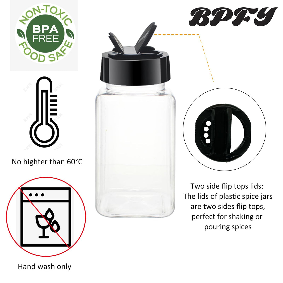 BPFY 24 Pack 4oz Clear Plastic Spice Jars With Black Plastic Lids, Square Spice Bottles, Seasoning Containers with Chalk Labels, Pen, Funnel, Spice Containers For Kitchen Cabinet