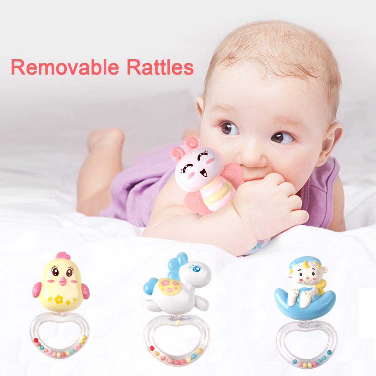 Mini Tudou Baby Musical Mobile Crib with Music and Lights, Timing Function, Projection, Take-Along Rattle and Music Box for Babies Boys Girls Toddlers