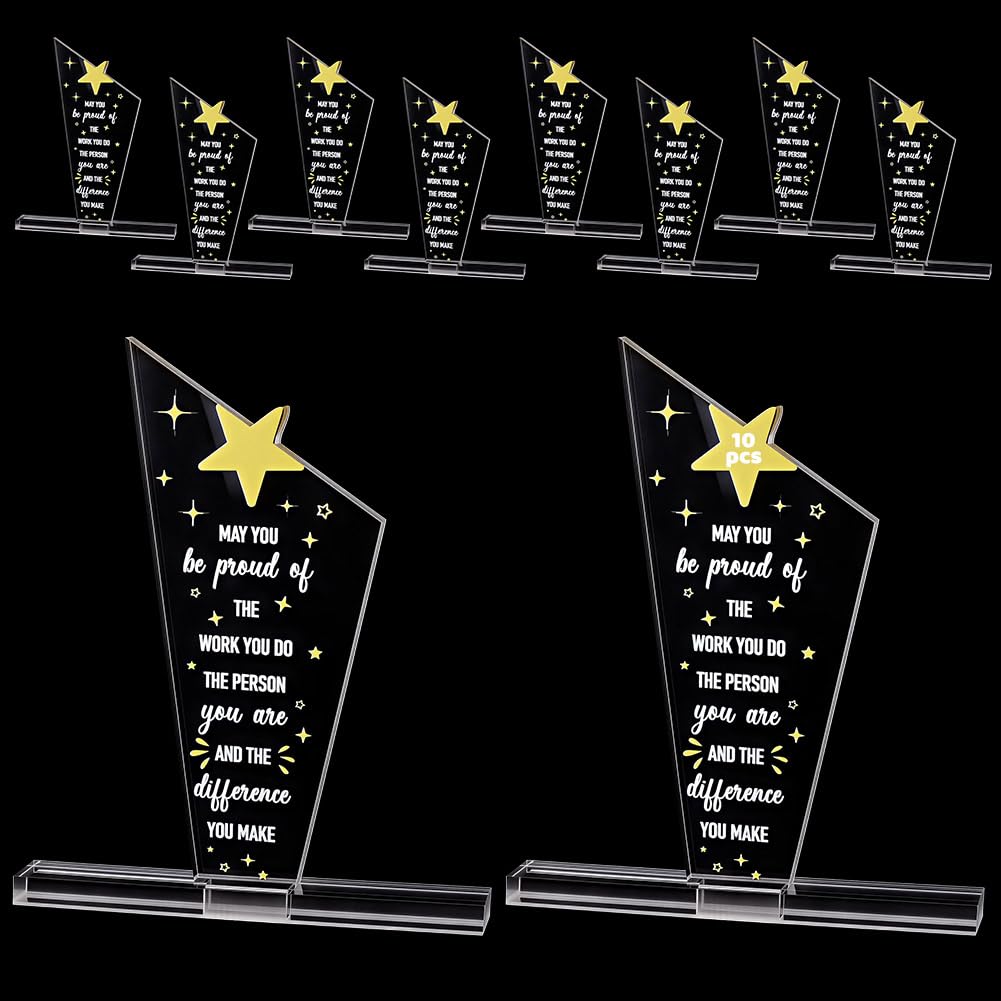 CUTHOLLOW Bulk 10 Sets Acrylic Recognition Desk Block 5.51x6.42 Inch/14x16.3 cm Clear Self Standing Trophy Lightweight Crystal Look Employee Appreciation Award for Coffee Station Display, Transparency
