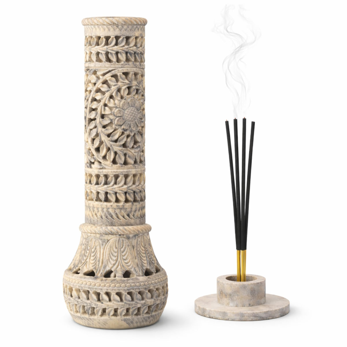 Carry Me Marble Soapstone Incense Stick Holder | Candle Burner | Tea Light Stand - Perfect Handmade Bottle Tower. Decorative Floral Carving for Gifting - Home and Office Decor - (3x3x10.5 Inches)