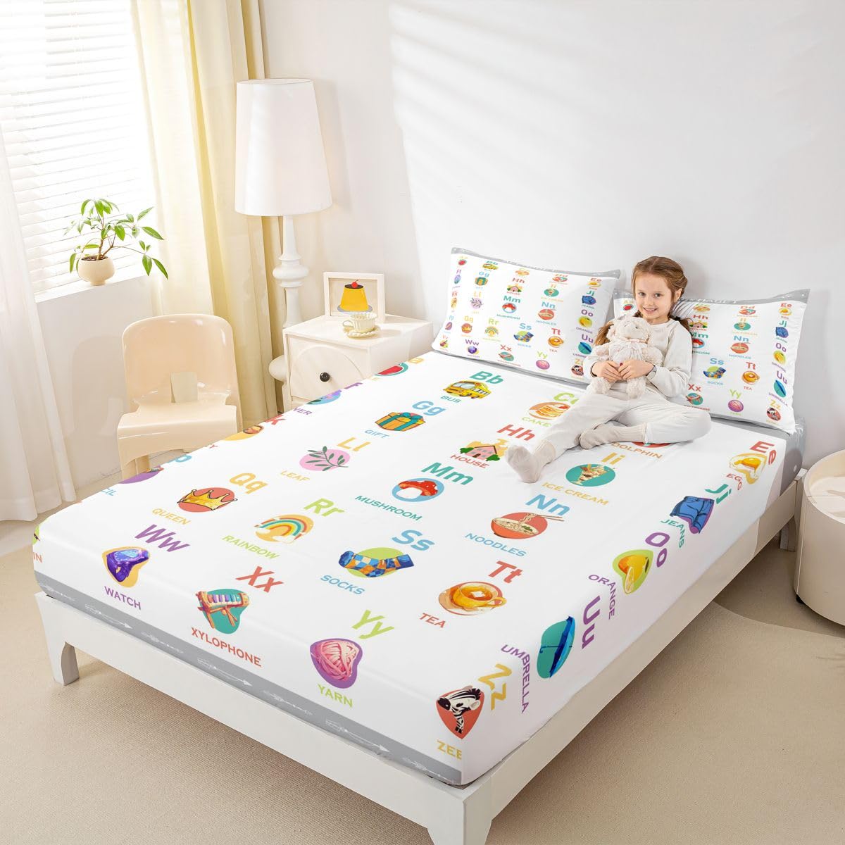 ABC Alphabet Fitted Sheet Twin Size, Cartoon Bedding Set Numbers Bed Sheet Set Kids Toddler Educational Learning Bed Cover with 1 Pillow Case (No Flat Sheet)