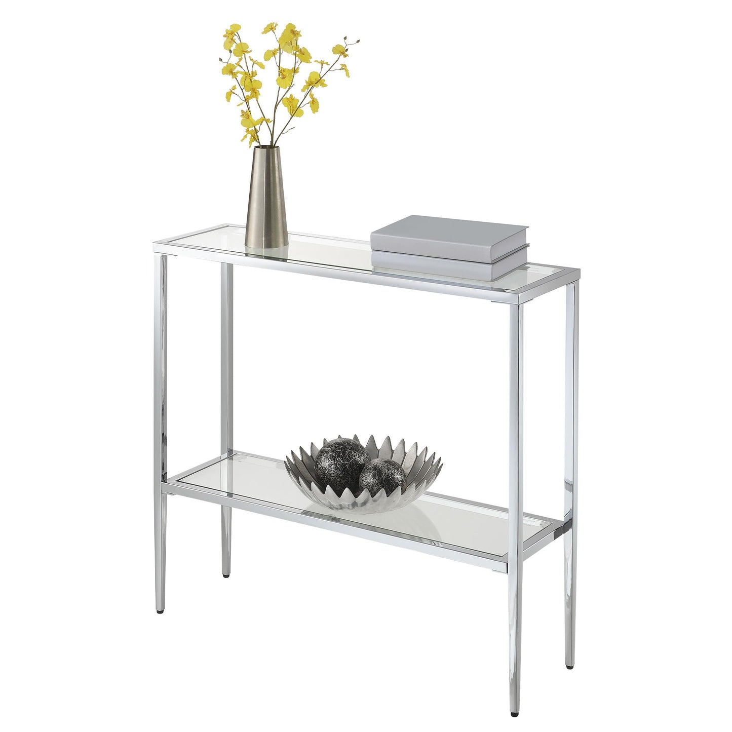 Convenience Concepts Nadia Chrome Entryway Table 31.5" - Contemporary Modern Sofa Console Table with Storage Shelf, Narrow Minimalist Hall Table for Living Room, Bedroom, Bathroom, Glass/Chrome