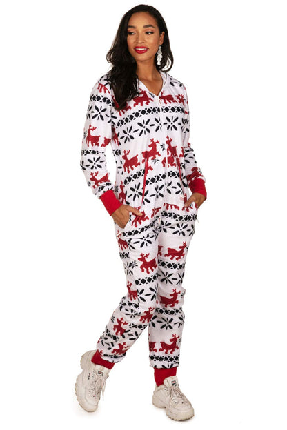Tipsy Elves Christmas Onesies for Adults - Comfy Unisex Matching Holiday Jumpsuits with Convenient Pockets - White Fair Isle Christmas Jumpsuit Size X-Large