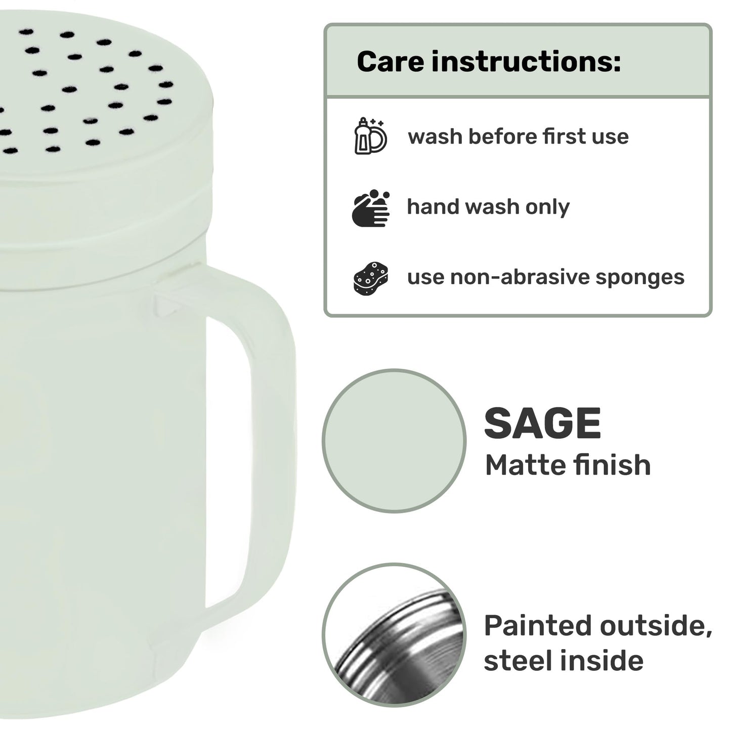 CUSINIUM 14oz Sage Stainless Steel Salt Pepper Dredge Shakers - With Plastic Cap - With Handle - Pack of 2