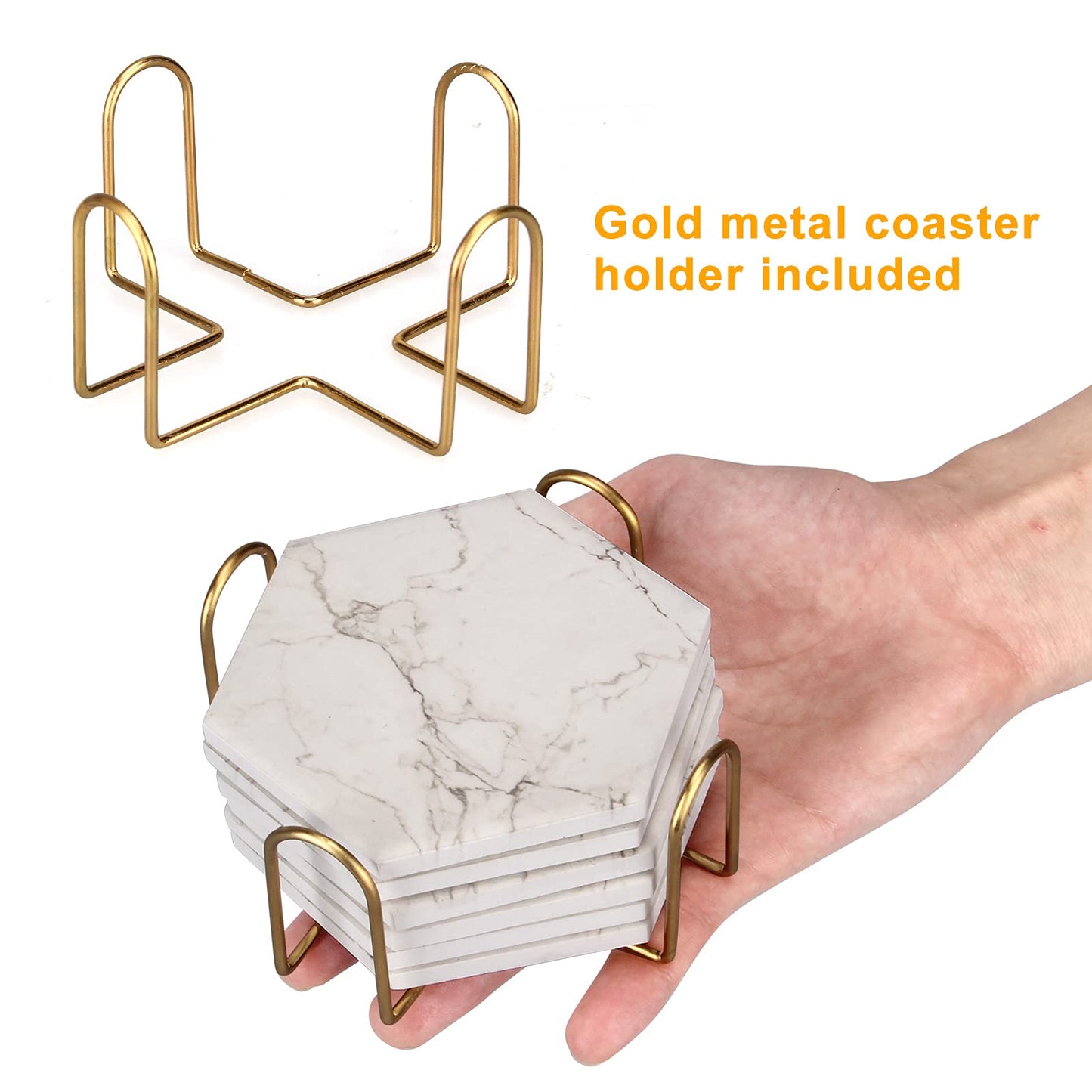 6 Pack Cute Marble Absorbent Stone Coaster Set with Holder Cool Cork Coster Modern White Ceramic Coasters Bar Desk Cup Drink Coasters Funny Coffee Table Decor Kitchen Unique Coster posavasos