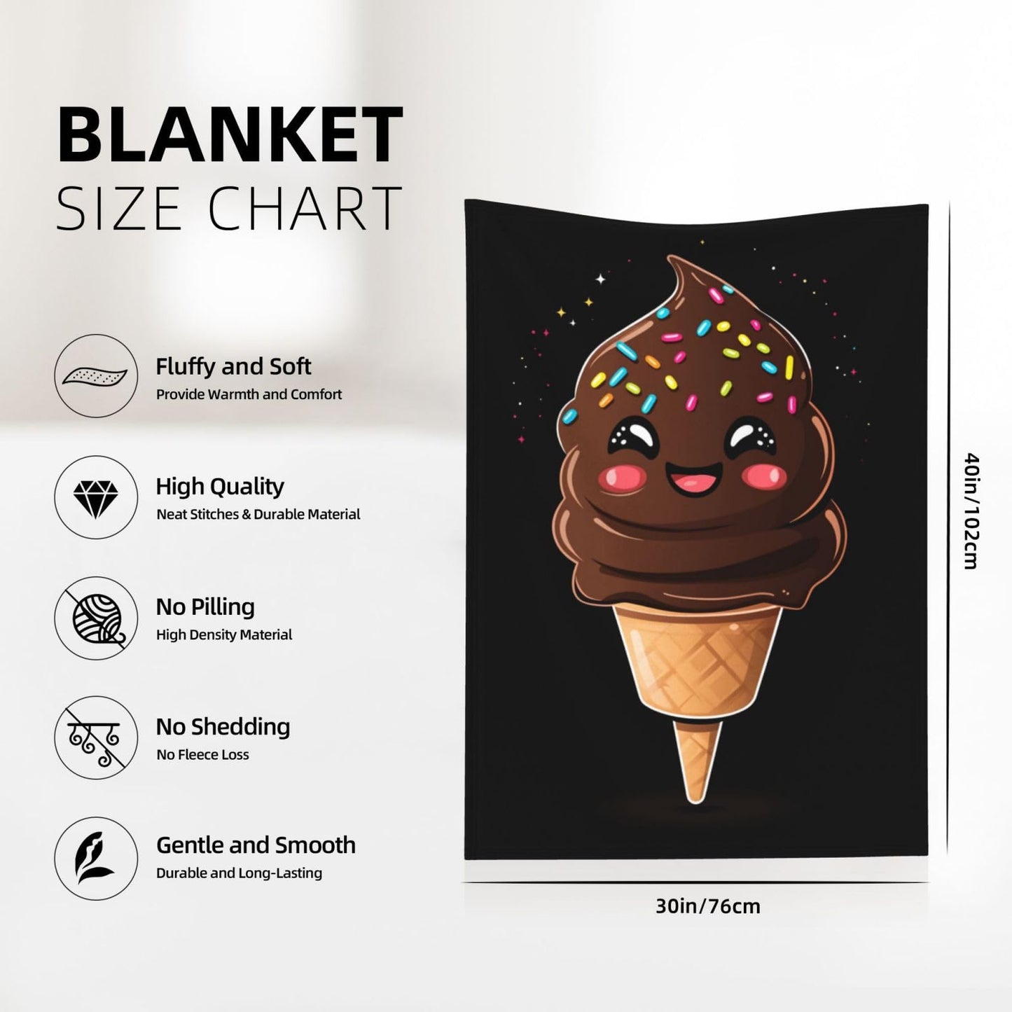 CDSASHCA Cute Chocolate Ice Cream Flannel Fleece Blanket,Ultra-Soft,Lightweight,Hypoallergenic,Double-Sided,Perfect for Home Decor, Couch, Bed, Machine-Washable,Non-Shedding,Sweet Gift 30X40 inch