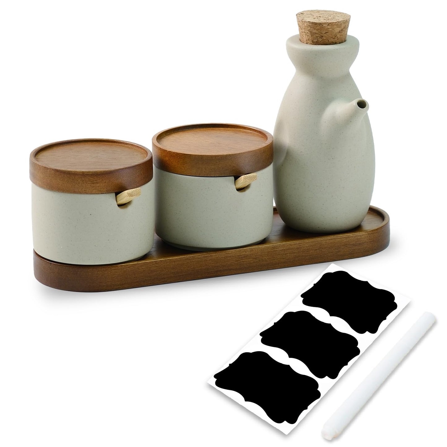 Mavolico 3 Pack Ceramic Spice and Soy Sauce Dispenser Set with Acacia Wood Lid, Complete with Sugar Salt Containers, Spoons and Wooden Tray for Kitchen and Dining
