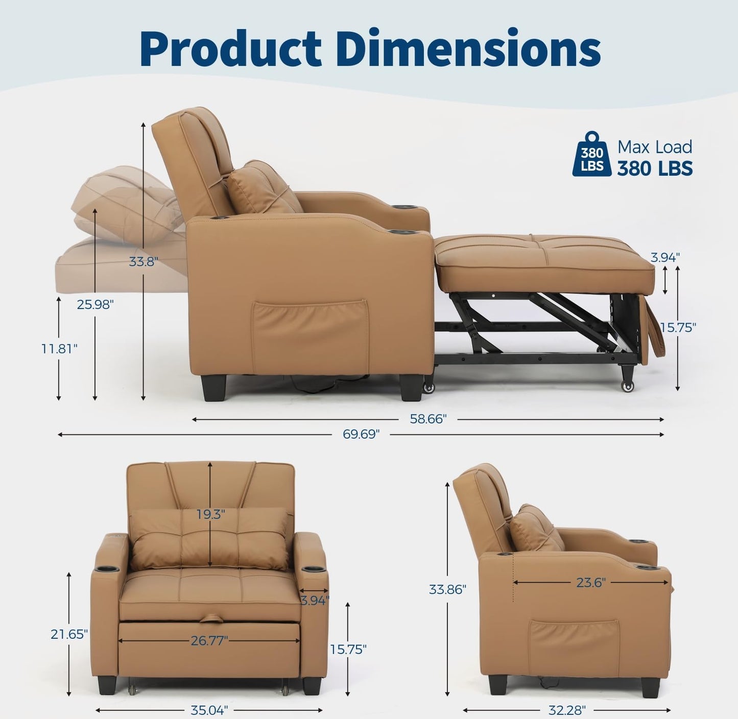 4 in 1 Convertible Sleeper Chair Bed with Vibration Massage Lumbar Pillow, Single Sofa Recliner Featuring USB/Type-C Port, Cup Holders & Side Pocket, Space-Saving Pull Out Bed for Small Spaces, Brown