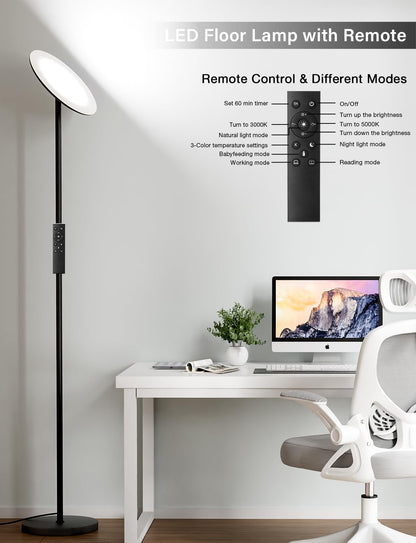 PreeOtti Modern LED Floor Lamp - Remote & Touch Control, 40W/2400LM Sky Torchiere Standing Lamp, Fully Dimmable, 3 Color Temperatures, Ideal for Living Room & Bedroom, Easy to Assemble
