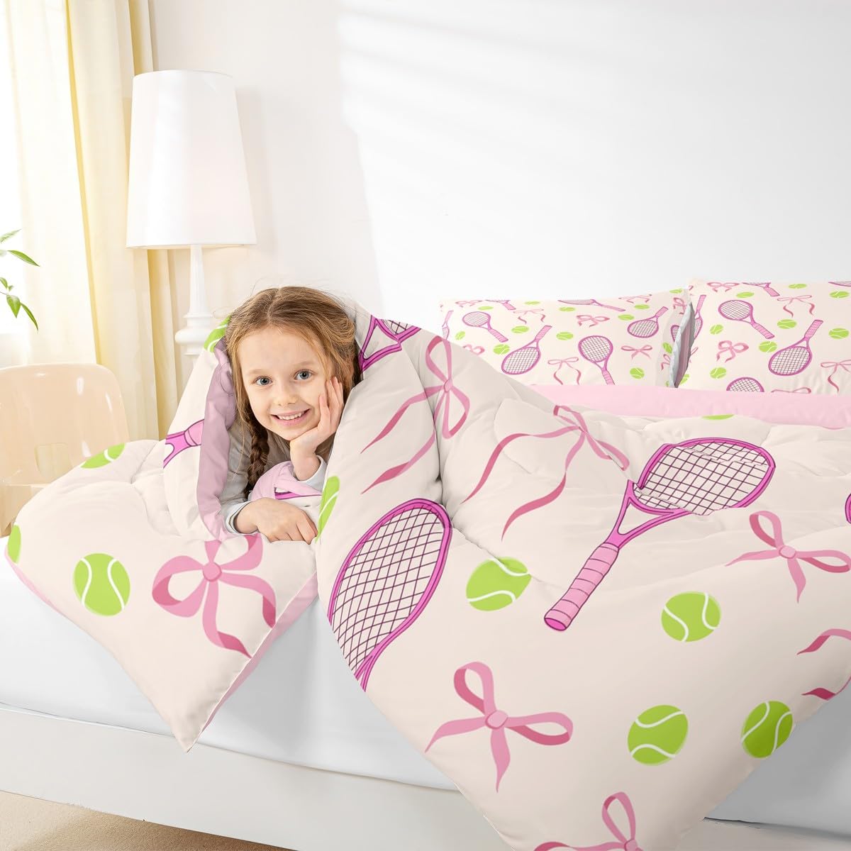 Tennis Kids Full Comforter Sets,Girls Sport Cute Bowknot Reversible Bedding Set for Boys Teens,Outdoor Sport Ball Game Quilt Set 3 PCS,Pink Yellow Cute Princess Duvet Insert,2 Pillow Cases