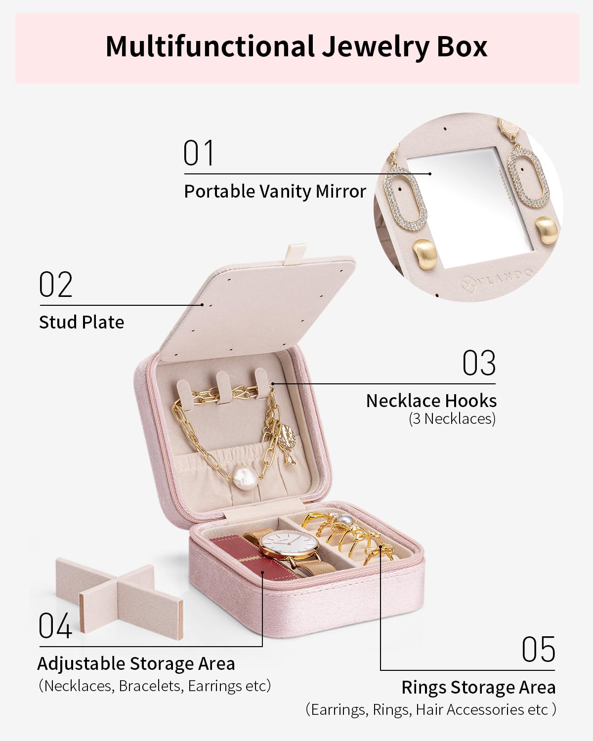 VLANDO Mothers Day Mom Gifts for Women, Travel Jewelry Case for Women, A Initial Jewelry Case, Mini Jewelry Travel Organizer Travel Essentials for Travel Gift- Letter A, Pink